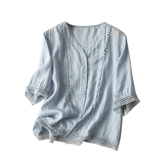 Short Sleeve Tops for Women Cotton And Linen Crochet Artistic Small Versatile Shirt V Neck Casual Fashion Womens Blouses