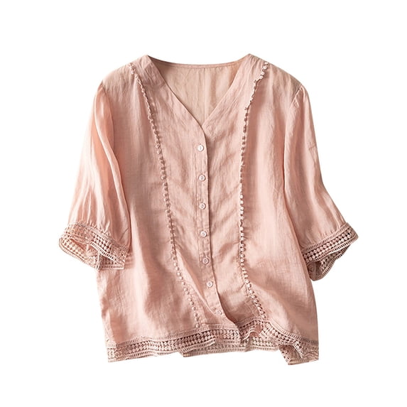 Short Sleeve Tops for Women Cotton And Linen Crochet Artistic Small Versatile Shirt V Neck Casual Fashion Womens Blouses
