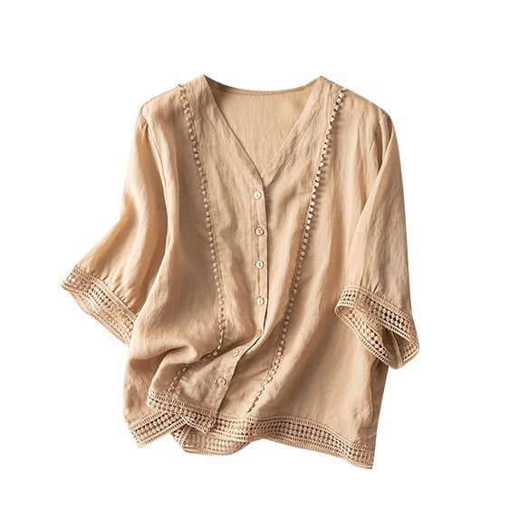 Short Sleeve Tops for Women Cotton And Linen Crochet Artistic Small Versatile Shirt V Neck Casual Fashion Womens Blouses
