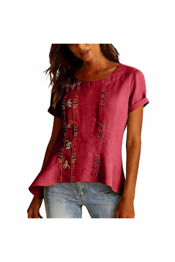 Short Sleeve Tops for Women Fall Fashion Cute Clothes Cotton And Linen Fashion Clothing Embroidery Patterns Cozy Funny Shirts Red