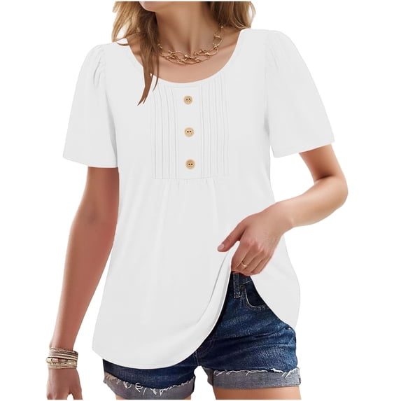 Short Sleeve Tops for Women Fashion Spring Solid Color Base T-Shirts Pleated Button Short Sleeve Round Neck Top