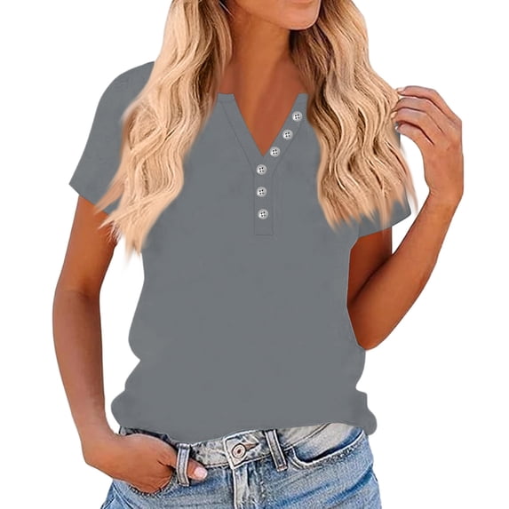 Short Sleeve Tops for Women Henley Neck Button Down Casual Solid Tees Tops 2026 Summer Loose Fit Shirts Gray S