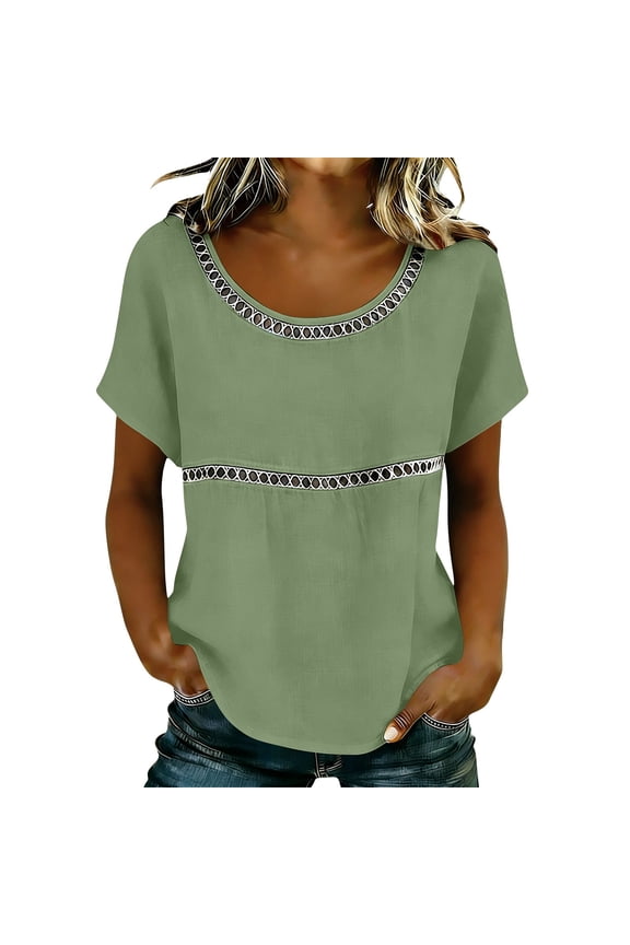 Short Sleeve Tops for Women Lace Patch Casual Dressy Blouses Trendy Cotton Linen Shirts Round Neck Loose Fit Tunic Top