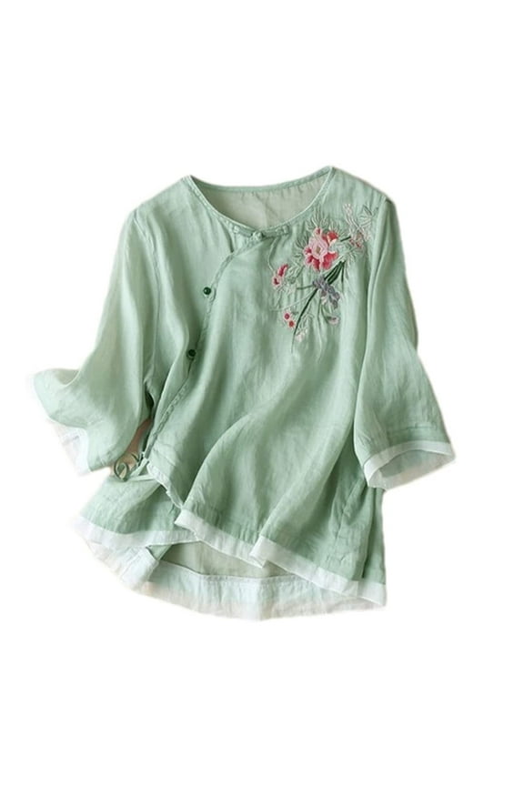 Short Sleeve Tops for Women Linen Tops Summer 3/4 Sleeve Chinese Frog Blouses Traditional Mandarin Embroidered Shirts T-Shirt