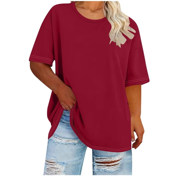 Short Sleeve Tops for Women Plus Size Crew Neck Fashion T-Shirt Summer Lightweight Basic Tee ,Red,XL