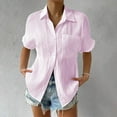 thumbnail image 1 of Short Sleeve Tops for Women Shirts for Women Summer Casual Cotton Linen Short Sleeve T Shirt Loose Fit Button Down Lapel Solid Color Tees, 1 of 6