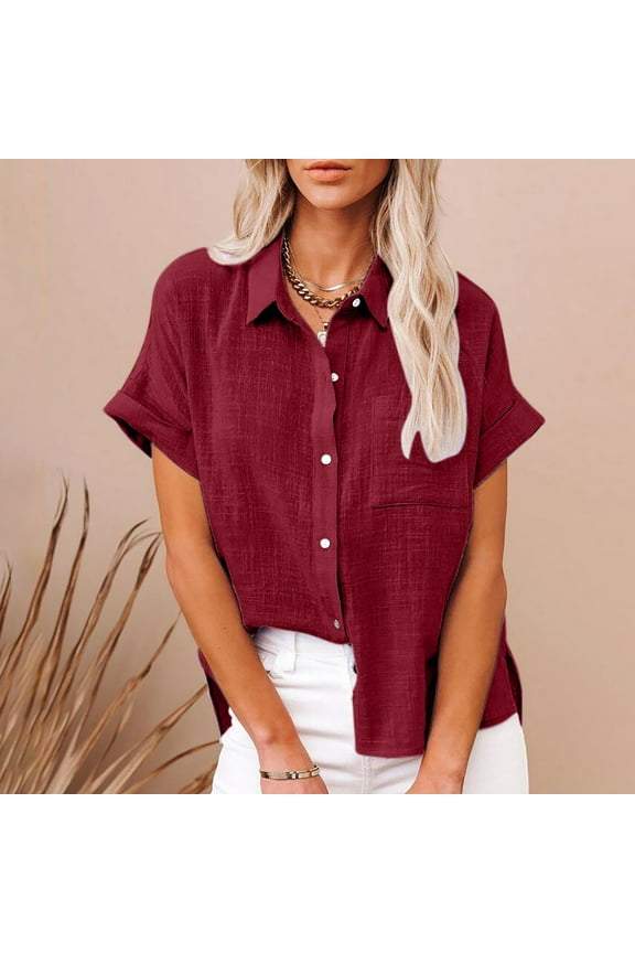 Short Sleeve Tops for Women Shirts for Women Summer Casual Cotton Linen Short Sleeve T Shirt Loose Fit Button Down Lapel Solid Color Tees