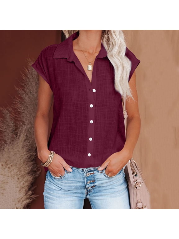 Short Sleeve Tops for Women Shirts for Women Summer Casual Cotton Linen Short Sleeve T Shirt Loose Fit Button Down Lapel Solid Color Tees