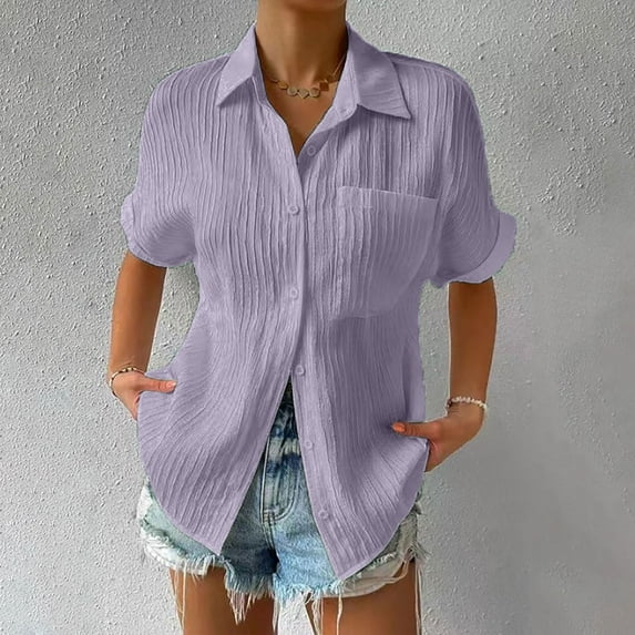 Short Sleeve Tops for Women Shirts for Women Summer Casual Cotton Linen Short Sleeve T Shirt Loose Fit Button Down Lapel Solid Color Tees