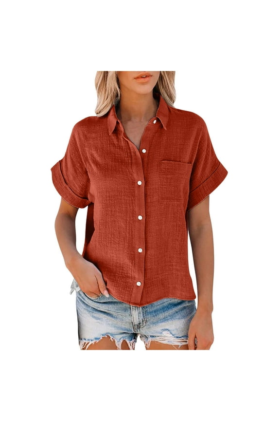 Short Sleeve Tops for Women Shirts for Women Summer Casual Cotton Linen Short Sleeve T Shirt Loose Fit Button Down Lapel Solid Color Tees
