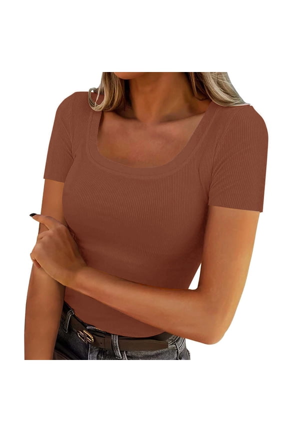 Short Sleeve Tops for Women Short Sleeve Ribbed Knit Tee Summer Basic Shirts Crew Neck Casual Slim Fit Womens Blouses