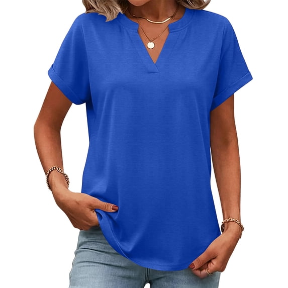 Short Sleeve Tops for Women Solid Color V Neck Tops 2026 Summer Casual Shirts Work Blouses Business Tunic Top Dark Blue XL