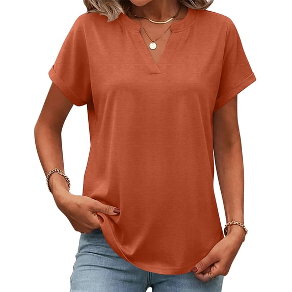 Short Sleeve Tops for Women Solid Color V Neck Tops 2026 Summer Casual Shirts Work Blouses Business Tunic Top Orange XL