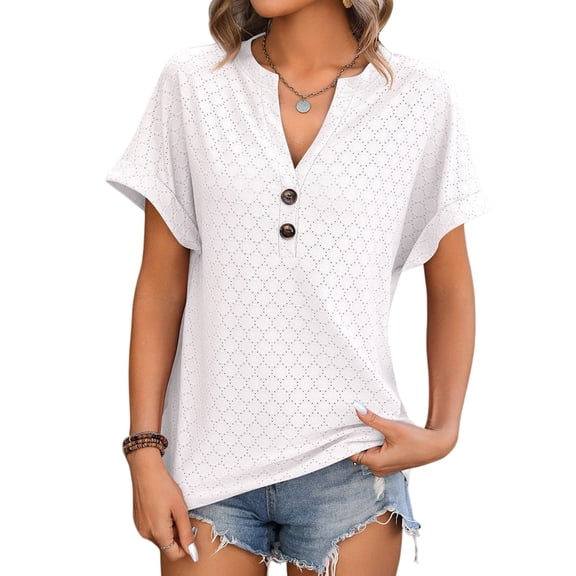 Short Sleeve Tops for Women Summer Button Down Shirts V Neck Henley T-Shirt Loose Fit Basic Tee White M