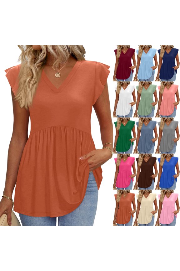 Short Sleeve Tops for Women V Neck Flutter Sleeve Casual Ruffle Hem Blouses 2026 Summer Trendy Shirts Orange XL