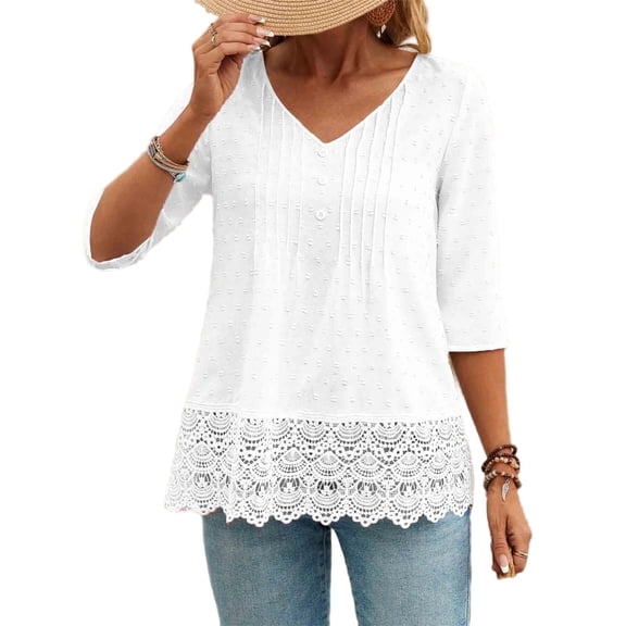 Short Sleeve Tops for Women, Womens Summer Tops, Boho Short Sleeve Shirts V Neck Casual Chiffon Blouses, Flowy Lace Hem Spring Clothing Trendy 2026