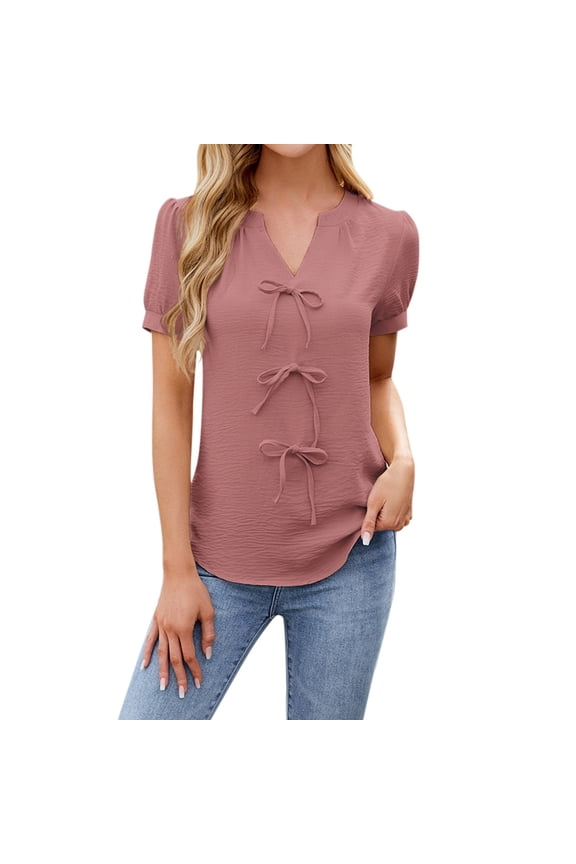Short Sleeve Tshirts Shirts For Women Solid Colod Classic Elegant Casual T Shirt Comfy Summer Blouses Pullover Outfits Pink S