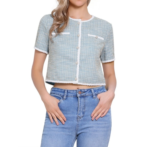 INSPIRE CHIC Short Sleeve Tweed Jacket for Women's Collarless Crew Neck Button Front Top Cropped Cardigan M Blue