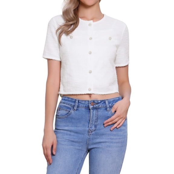 INSPIRE CHIC Short Sleeve Tweed Jacket for Women's Collarless Crew Neck Button Front Top Cropped Cardigan XL White
