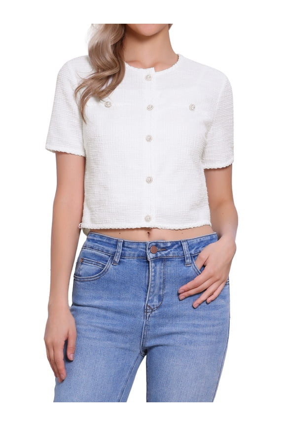 Women's Tweed Knit Jacket Short Sleeve Crew Neck Cropped Cardigan White XS