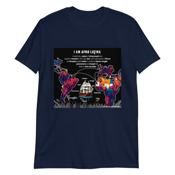 Short-Sleeve Unisex T-Shirt with Afro Latina Message in English (Navy, L)