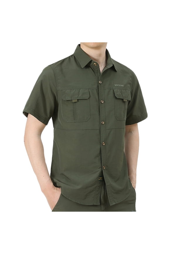 Short Sleeve Utility Athletic Embroidered Pocket Button Down Shirts For Men Summer Performance Relaxed Weekend Errands Travel Outdoor Daily Wear Smart Casual Easy Outfit