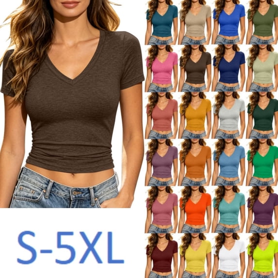 Short Sleeve V Neck Crop Top for Women Soft Workout Shirt Sexy Slim Fitted Casual Base Lightweight Tops