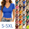 thumbnail image 1 of Short Sleeve V Neck Crop Top for Women Soft Workout Shirt Sexy Slim Fitted Casual Base Lightweight Tops, 1 of 9