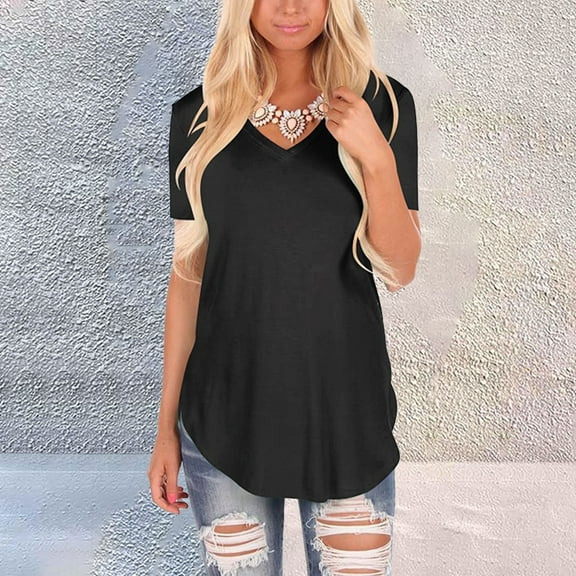 Short Sleeve V Neck Loose Casual T-Shirts, Summer Tops, Cotton, Breathable, Black 2XL, Size S-XXXXXL