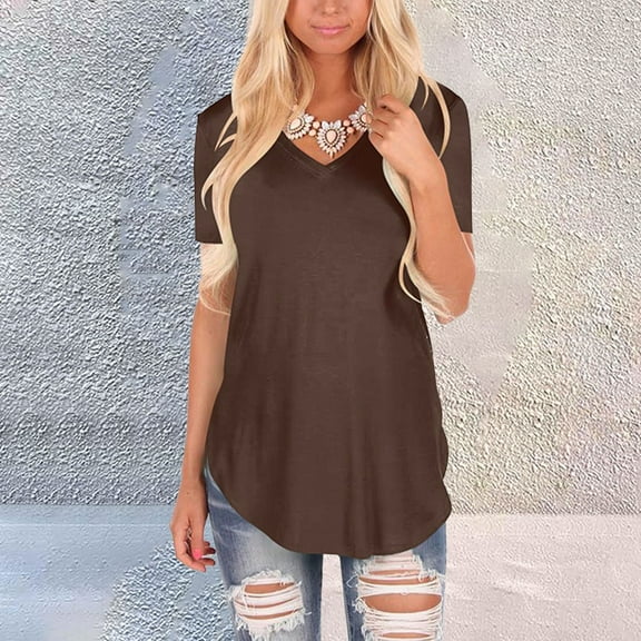 Short Sleeve V Neck Loose Casual T-Shirts, Summer Tops, Cotton, Breathable, Brown 5XL, Size S-XXXXXL