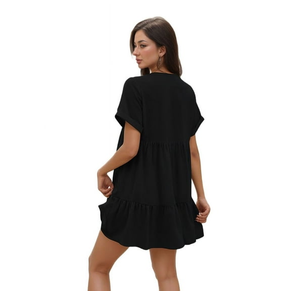 Short Sleeve V Neck Ruffle Hem Dress Black XXL