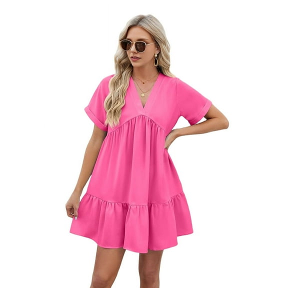 Short Sleeve V Neck Ruffle Hem Dress Rose Red XXL