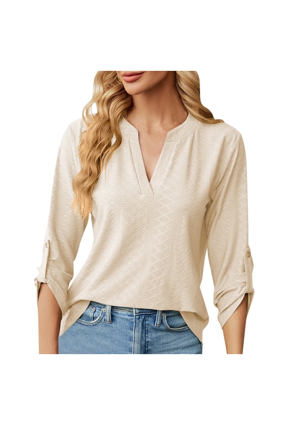 Short Sleeve V Neck Shirts For Women Solid Colod Fashion Elegant Casual T Shirt Breathable Spring Basic Blouses Vacation Clothes Beige L