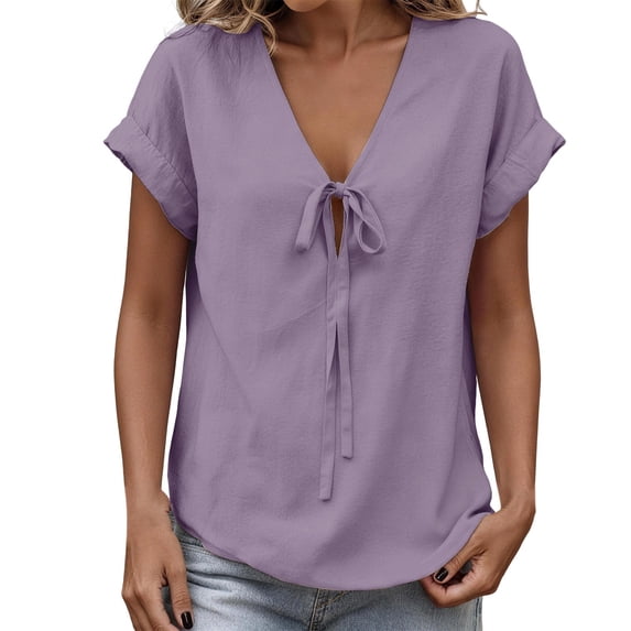 Short Sleeve V Neck Shirts for Women, Yigetop Womens Summer Tops Tie Front Tops V-Neck Short Sleeve Cute Tops Women T Shirts Clothes Trendy 2026 Womens V Neck T Shirts Purple S