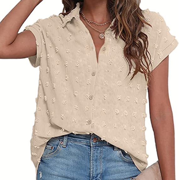 Short Sleeve V Neck Summer Blouse Collared Button Down 3D Dots Shirt for Women