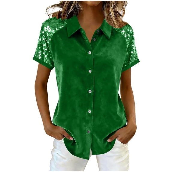 Short Sleeve V Neck T Shirts Womens Velvet Summer Business Casual Dressy Tops Henley Loose Fit Basic Spring Outfit Green L