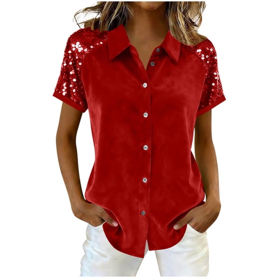 Short Sleeve V Neck T Shirts Womens Velvet Summer Business Casual Dressy Tops Henley Loose Fit Basic Spring Outfit Red L