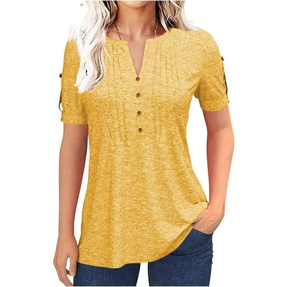 Short Sleeve V-neck Women Button Henley Blouse Tops Summer Pleated Casual Blouse Shirt