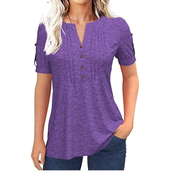 Short Sleeve V-neck Women Button Henley Blouse Tops Summer Pleated Casual Blouse Shirt