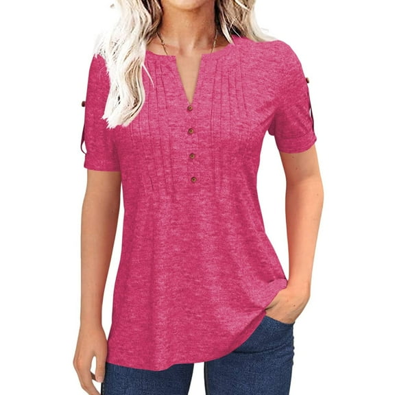 Short Sleeve V-neck Women Button Henley Blouse Tops Summer Pleated Casual Blouse Shirt