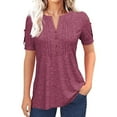 thumbnail image 1 of Short Sleeve V-neck Women Button Henley Blouse Tops Summer Pleated Casual Blouse Shirt, 1 of 4