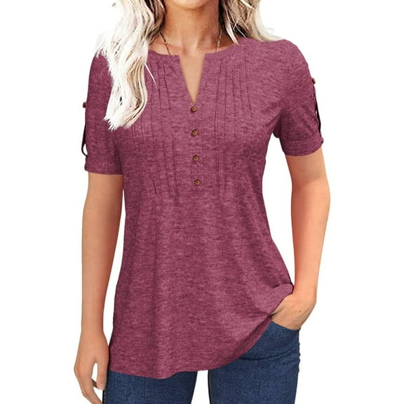 Short Sleeve V-neck Women Button Henley Blouse Tops Summer Pleated Casual Blouse Shirt