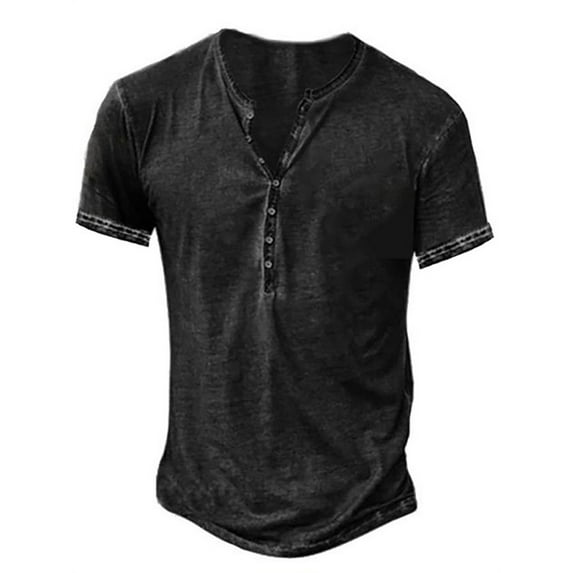 Short Sleeve Vintage Washed Men Casual Henley Shirt Male Button Down Blouse