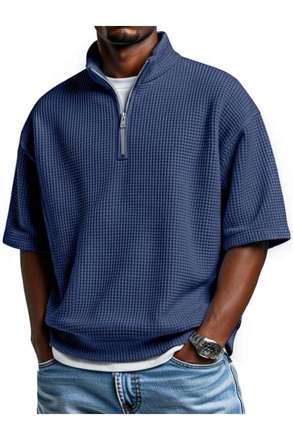 Short Sleeve Waffle Shirts for Men Oversized Quarter Zip Pullover Casual Slim Fit Stand Collar Polo Shirt Textured Knit Henley Shirts