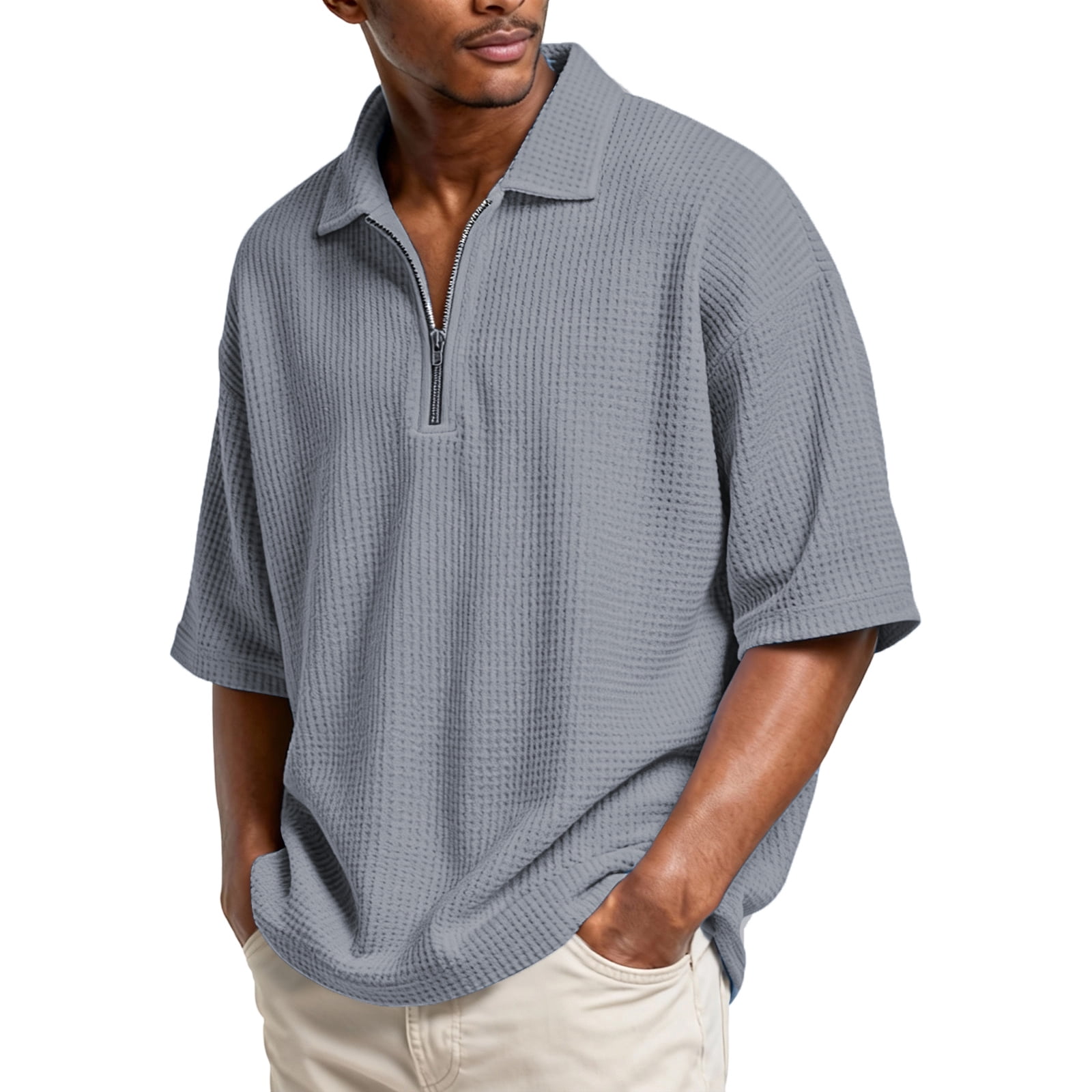 Short Sleeve Waffle Shirts for Men Quarter Zip Pullover Casual Slim Fit ...