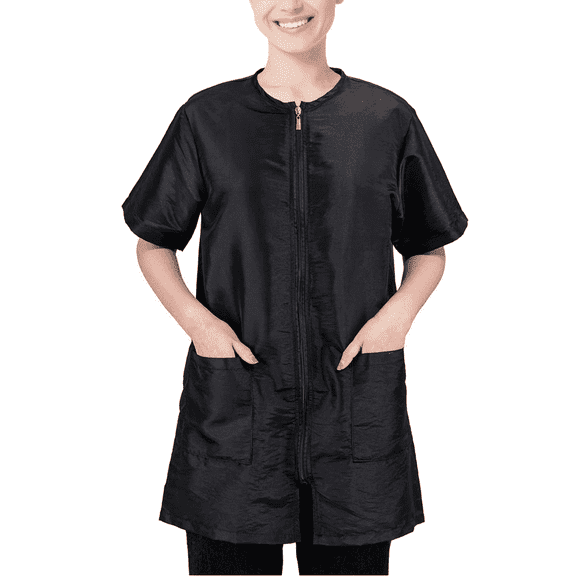 Short Sleeve Waterproof Grooming Workwear,Pet Grooming Smock,Anti-Static Dog Bathing Work Clothes,Hairdresser Uniform with Pockets and Zipper,Barber Smock for Salon Black -XL
