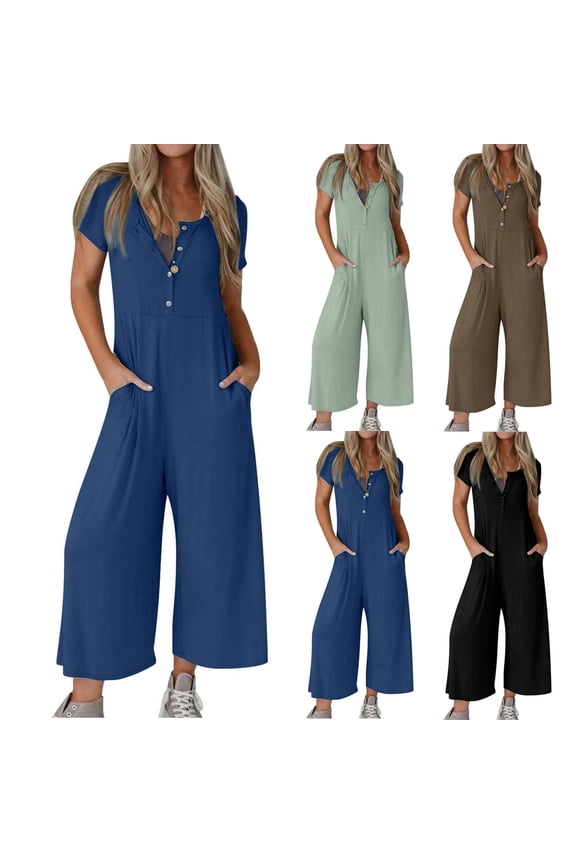 Short Sleeve Wide Leg Jumpsuit Romper for Women, Casual Button Pocket Summer Jumpsuit, Lounge Wear & Vacation Outfit, Mother's Day Gifts | CSEONE,Blue XL