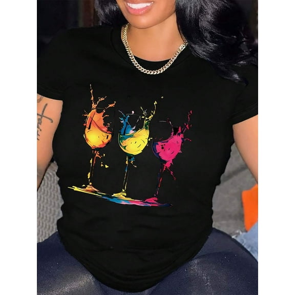[Short Sleeve Wine Glass T-Shirt] Ladies Casual Round Neck Short Sleeve T-Shirt With Wine Glass Print