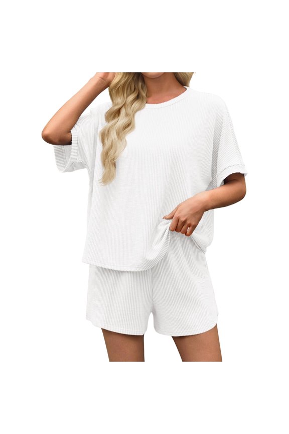 Short Sleeve Women 2 Pieces Matching Sets Ribbed Tops and Shorts Lounger Sets