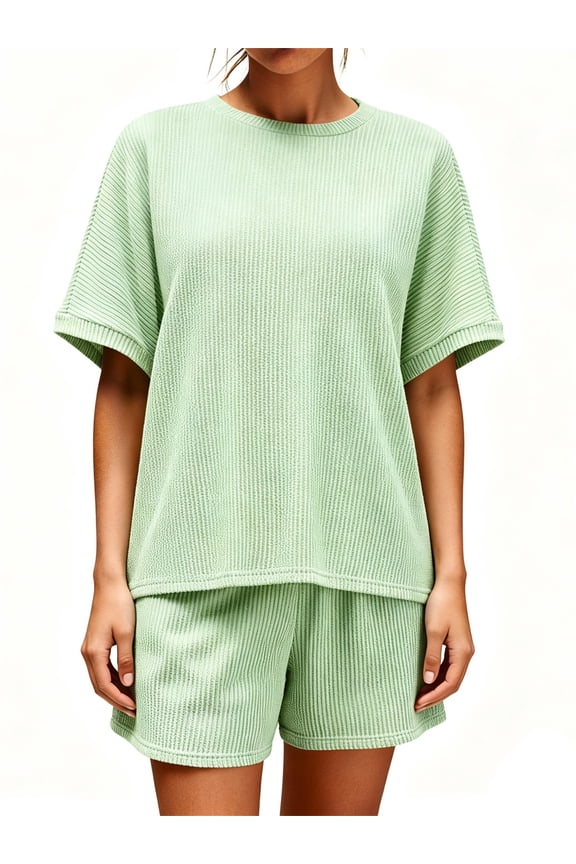 Short Sleeve Women 2 Pieces Matching Sets Ribbed Tops and Shorts Lounger Sets